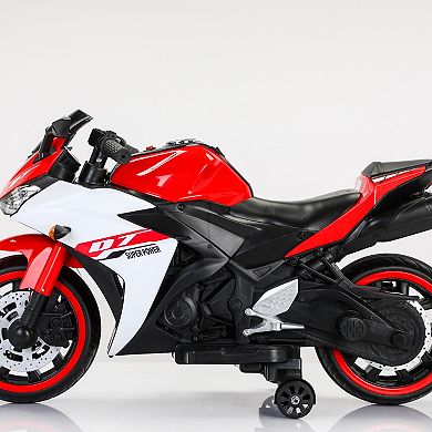 TOEMOA 12V Kids Ride-On Motorcycle with Training Wheels and LED Lights