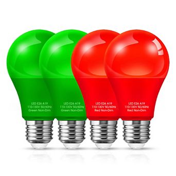 Red & Green A19 LED Christmas Bulbs 60W Equivalent, Non Dimmable Festive Decorative, 4 Pack