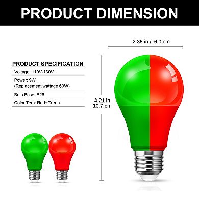 Red & Green A19 LED Christmas Bulbs 60W Equivalent, Non Dimmable Festive Decorative, 4 Pack