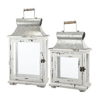 TOEMOA Set of Two Decorative Wooden Hurricane Lanterns for Indoor Outdoor Accent