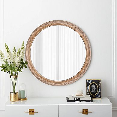 TOEMOA Round Ribbed Wood Frame Wall Mirror for Bathroom Bedroom Entryway Decor