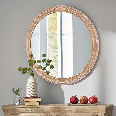 TOEMOA Round Ribbed Wood Frame Wall Mirror for Bathroom Bedroom Entryway Decor