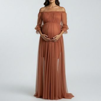 Women's Maternity Off Shoulder Mesh Maxi Dress with Sheer Overlay Empire Waist Flowy Formal Dress