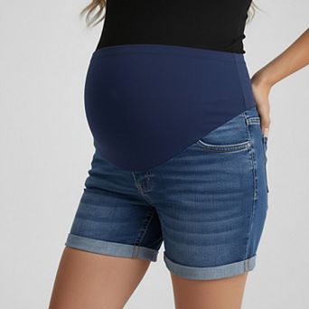 Women's Maternity Denim Shorts with Over Belly Panel Stretch Mid Rise Pregnancy Jean Shorts