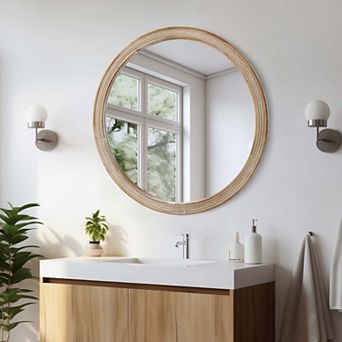 TOEMOA Round Decorative Wall Mirror with Woven Rattan-Textured Frame