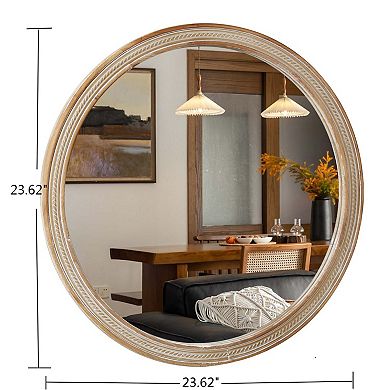 TOEMOA Round Decorative Wall Mirror with Woven Rattan-Textured Frame