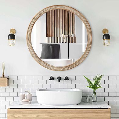 TOEMOA Round Decorative Wall Mirror with Woven Rattan-Textured Frame