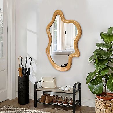 TOEMOA Irregular Shaped Wall Mirror with Natural Wood Frame Decorative Accent
