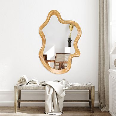 TOEMOA Irregular Shaped Wall Mirror with Natural Wood Frame Decorative Accent