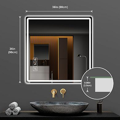 TOEMOA 36 Inch Square LED Anti-Fog Bathroom Mirror with Dimmable Lighting