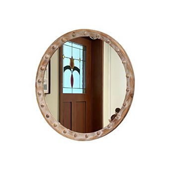 TOEMOA Vintage Rustic Round Wall Mirror with Distressed Wood Frame