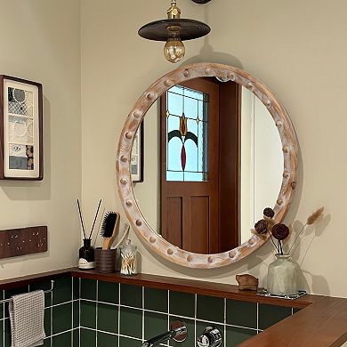 TOEMOA Vintage Rustic Round Wall Mirror with Distressed Wood Frame