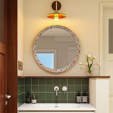 TOEMOA Vintage Rustic Round Wall Mirror with Distressed Wood Frame