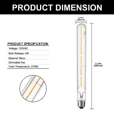 T30 Edison LED Tubular Bulb 6W, E26 Base 2700K Warm White Dimmable Vintage Style, 2 Pack