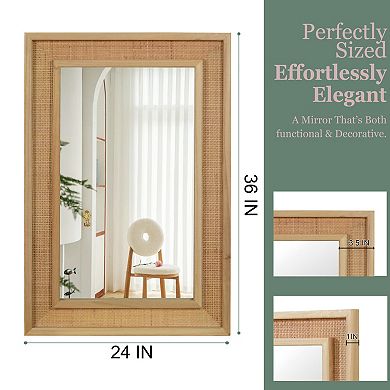 TOEMOA Natural Rattan Rectangle Solid Wood Frame Wall Mirror