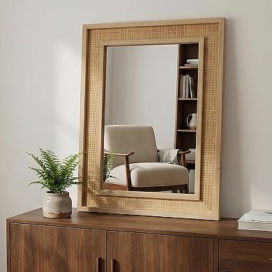 TOEMOA Natural Rattan Rectangle Solid Wood Frame Wall Mirror