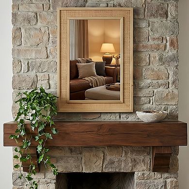 TOEMOA Natural Rattan Rectangle Solid Wood Frame Wall Mirror