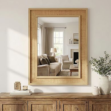 TOEMOA Natural Rattan Rectangle Solid Wood Frame Wall Mirror