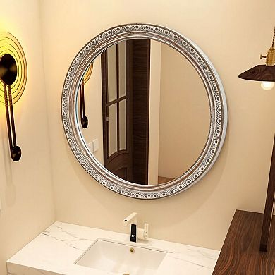 TOEMOA Ornate Round Wall Mirror with Carved Frame for Interior Spaces