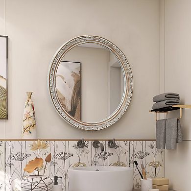 TOEMOA Ornate Round Wall Mirror with Carved Frame for Interior Spaces