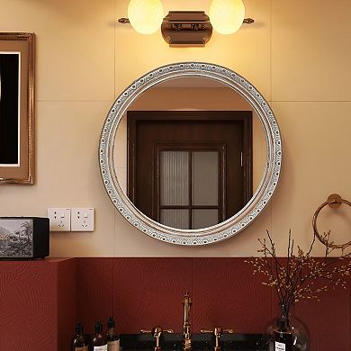 TOEMOA Ornate Round Wall Mirror with Carved Frame for Interior Spaces