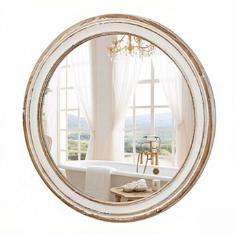 TOEMOA Round Distressed Wooden Frame Wall Mirror for Rustic Home Decor