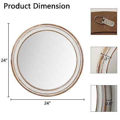 TOEMOA Round Distressed Wooden Frame Wall Mirror for Rustic Home Decor