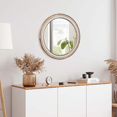 TOEMOA Round Distressed Wooden Frame Wall Mirror for Rustic Home Decor