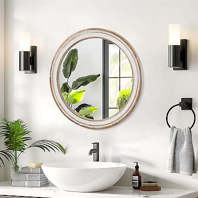 TOEMOA Round Distressed Wooden Frame Wall Mirror for Rustic Home Decor