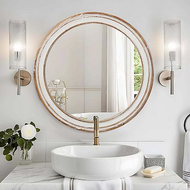 TOEMOA Round Distressed Wooden Frame Wall Mirror for Rustic Home Decor