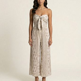 Women's Strapless Wide Leg Jumpsuit with Front Knot and Printed Pattern Elegant Summer Outfit