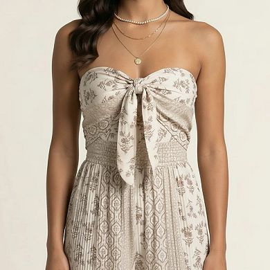 Women's Strapless Wide Leg Jumpsuit with Front Knot and Printed Pattern Elegant Summer Outfit