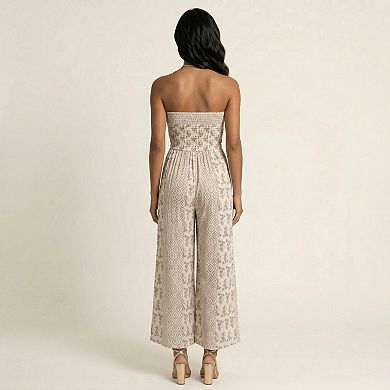 Women's Strapless Wide Leg Jumpsuit with Front Knot and Printed Pattern Elegant Summer Outfit