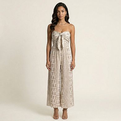 Women's Strapless Wide Leg Jumpsuit with Front Knot and Printed Pattern Elegant Summer Outfit