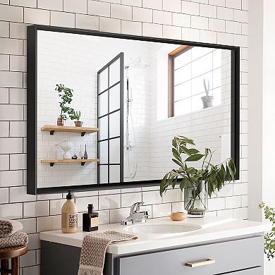 TOEMOA 36x30 Inch Glossy Black Rectangle Wall Mirror with Metal Frame