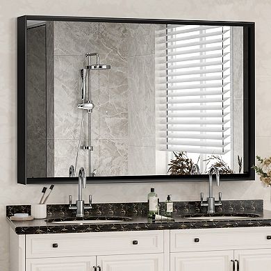 TOEMOA 36x30 Inch Glossy Black Rectangle Wall Mirror with Metal Frame