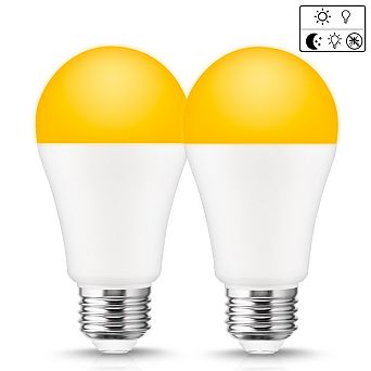 Dusk to Dawn LED Bug Light Bulb 100W Equivalent, A19 E26 Base Yellow 3000K Outdoor Use, 2 Pack