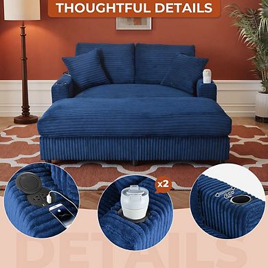 65" Oversized Indoor Chaise Lounge Chair with Pillows & 2 Cup Holders, Comfy Corduroy Recliner
