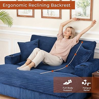 65" Oversized Indoor Chaise Lounge Chair with Pillows & 2 Cup Holders, Comfy Corduroy Recliner