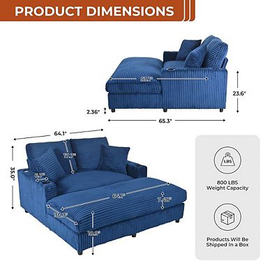 65" Oversized Indoor Chaise Lounge Chair with Pillows & 2 Cup Holders, Comfy Corduroy Recliner