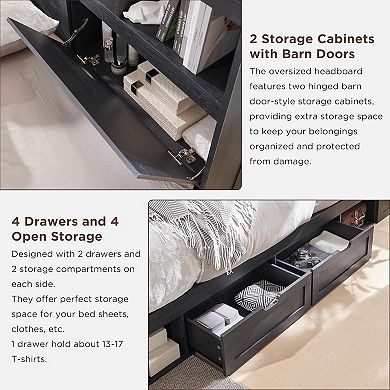 Farmhouse Queen Size Bed Frame with 4 Drawers, 52" Tall Headboard w/ LED Light and Charging Station