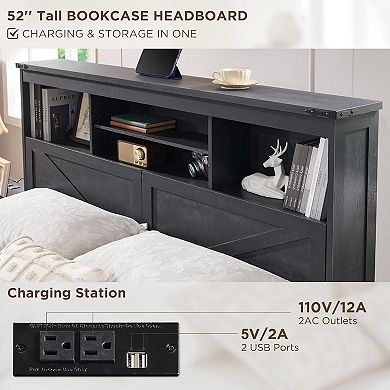 Farmhouse Queen Size Bed Frame with 4 Drawers, 52" Tall Headboard w/ LED Light and Charging Station