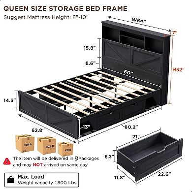 Farmhouse Queen Size Bed Frame with 4 Drawers, 52" Tall Headboard w/ LED Light and Charging Station