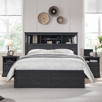 Farmhouse Queen Size Bed Frame with 4 Drawers, 52" Tall Headboard w/ LED Light and Charging Station