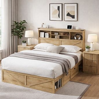 Farmhouse Queen Size Bed Frame with 4 Drawers, 52" Tall Headboard w/ LED Light and Charging Station