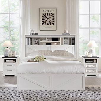 Farmhouse Queen Size Bed Frame with 4 Drawers, 52" Tall Headboard w/ LED Light and Charging Station