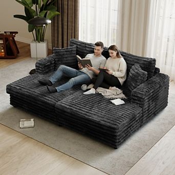 FIRLZY Deep Seat Oversized Loveseat Chaise Lounge, Fluffy Corduroy Upholstered Sofa Bed