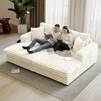 FIRLZY Deep Seat Oversized Loveseat Chaise Lounge, Fluffy Corduroy Upholstered Sofa Bed