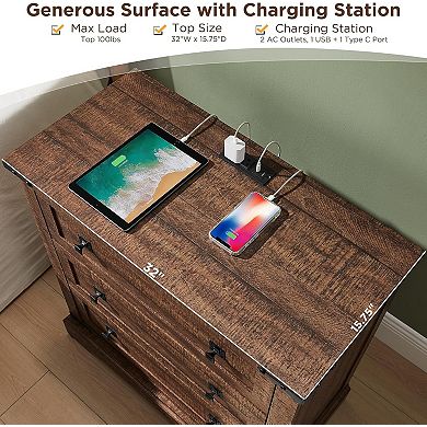 2PCS Farmhouse Night stand with Charging Station, 3 Drawer Bedroom End Table, Rustic Wood Nightstand