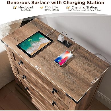 2PCS Farmhouse Night stand with Charging Station, 3 Drawer Bedroom End Table, Rustic Wood Nightstand